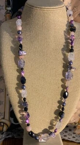 Artisan Mix Gemstone Amethyst Quartz Goldstone Onyx Beaded Sterling Necklace 34” - Picture 1 of 2
