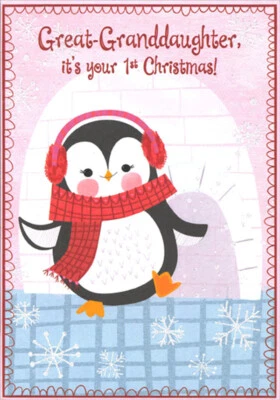 DESIGNER GREETINGS Cute Penguin Wearing Pink Earmuffs Great-Granddaughter 1st Christmas Card