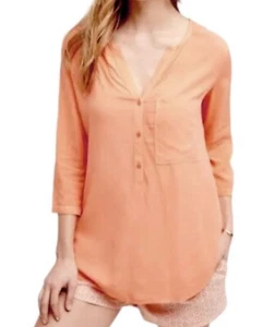 Anthropologie Cloth & Stone West Coast 1/4 Button Down Shirt Orange Size Medium - Picture 1 of 9