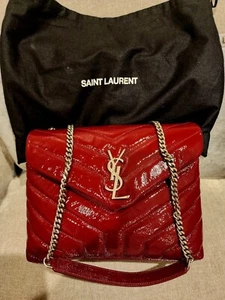 Saint Laurent Patent Y Quilted Monogram Small Loulou Chain Satchel Palissandre - Picture 1 of 23
