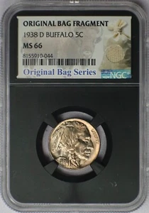 1938-D 5c Buffalo Nickel - NGC MS 66 Original Bag Fragment Label Series - Picture 1 of 2