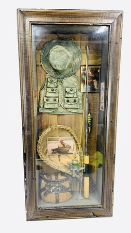 Vintage Fisherman Shadowbox Wooden Handmade Hook Basket Hat and Green Vest Cover