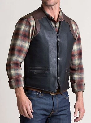 Men's Real Leather Bikers Vest Western Buttoned Front 2 Tone Bikers Vest - Image 1 of 2