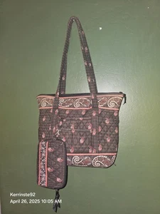 Vera Bradley Small Tote Bag & Makeup Pouch in "Houndstooth Brown 2005" Pattern - Picture 1 of 11