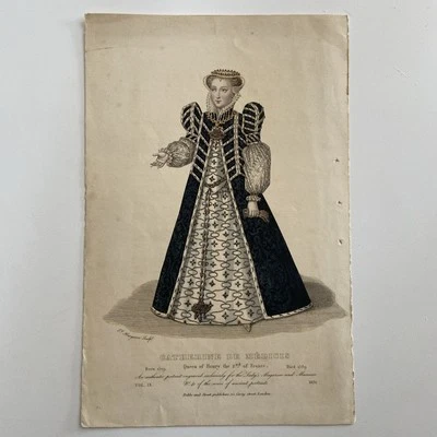 Antiguo grabado coloreado a mano de 1836 de Catalina de Médicis - Reina de Francia Foto 1 de 4