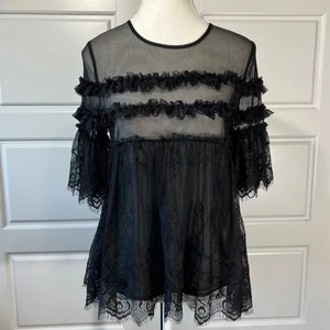 Top túnica Anthropologie Allison New York negro con volantes de encaje malla transparente pequeño S - Imagen 1 de 7