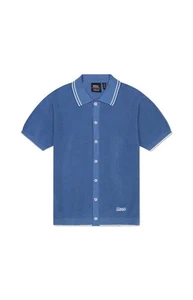 WESC Mens Short Sleeve Polo Collar Cardigan with Tipping Elemental Blue Size L - Picture 1 of 3