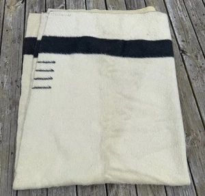 Vintage 4 Point Hudson's Bay Wool Blanket Cream w/ Black Stripe 65x91 AS IS - Picture 1 of 22