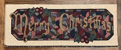 Vintage Merry Christmas Tapestry Banner Panel Runner Stained Glass Mosaic Fabric - Image 1 of 4