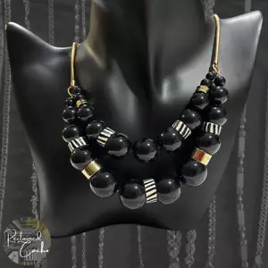 Womens Kenneth Cole Black Gold Beaded Double Row Bib Necklace Fashion Jewelry - Picture 1 of 4