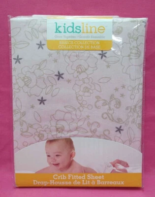 Kidsline Fitted Crib Sheet Pink With Flowers In Light Brown & Purple 100% Cotton - Image 1 of 2