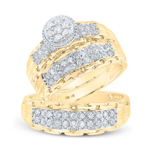 14kt Yellow Gold His Hers Round Diamond Cluster Matching Wedding Set 1 Cttw - Picture 1 of 1