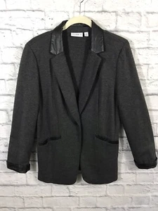 Susan Graver ponte knit faux leather trim jacket blazer Size 10 gray heather - Picture 1 of 10