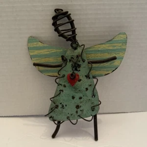 Vintage Green Rustic Metal Angel W/ A Red Heart Hangable-Collectable Americana - Picture 1 of 6