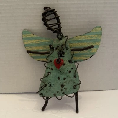 Vintage Green  Rustic Metal Angel W/  A Red Heart Hangable-Collectable Americana - Image 1 of 4