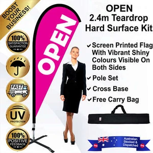 OPEN Pink 2.4m Teardrop Flag/Banner Kit with Cross Base *Waterproof *Advertising - Picture 1 of 10