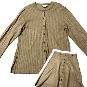 Vintage lata 90. DonnKenny Koszula i spódnica Zestaw Średni brąz Błyszczący Miękki akryl USA