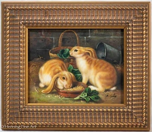Stunning Painting of Two Bunny Rabbits Eating Lettuce, Cute & Signed! - Picture 1 of 9
