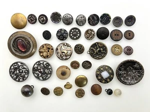 40 Antique Art Nouveau Button Lot Metal, Glass, Brass, Silver - Picture 1 of 12
