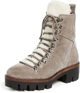 Jeffrey Campbell Culvert Sherpa Combat Boots Taupe Suede Fur Lined Moto Bootie - Picture 1 of 6