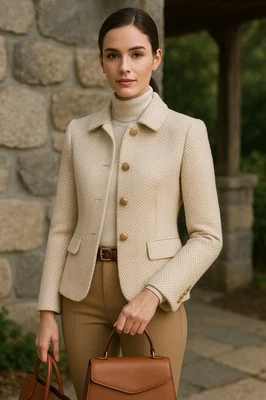 Chaqueta Blazer Talbots Crema Tweed Espiga Preppy Montar M Nueva Sin Etiquetas Foto 1 de 4
