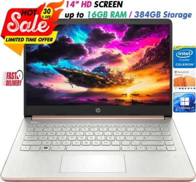 HP Newest Laptop 14"HD Intel 4-Core Up to 16GB RAM&384GB Storage Win11 Rose Gold - Image 1 of 4