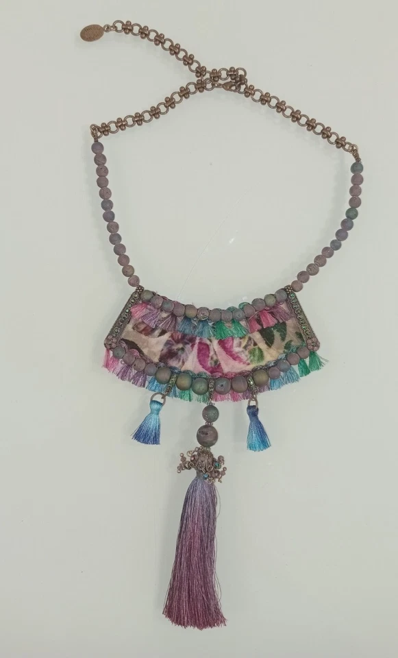 Gargantilha Michal Negrin colar roxo turquesa frisado cristais borlas ISRAEL - Imagem 1 de 4