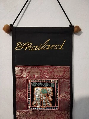 Thai PURPLE Woven Silk 3D Elephants Wall Hanging 3 Storage Pockets Tapestry - Image 1 of 4