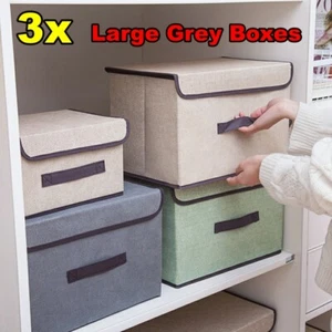 3 Large Foldable Storage Boxes + Lid Collapsible Fabric Clothes Basket Organizer - Picture 1 of 7