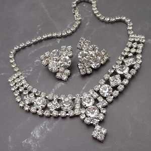 Set orecchini collana girocollo 14 1/2" barra pendente strass trasparenti vintage - Foto 1 di 6