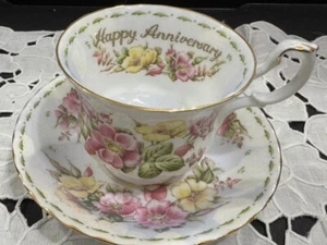 Royal Albert Flower of Month series "Happy Anniversary" teacup & saucer-England - Picture 1 of 4