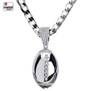 Men's Hip Hop Iced Silver Plated CZ Football Cuban Chain Necklace BCH 15109S - Picture 1 of 5