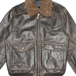 Brooks Brothers Men's Leather Flight Jacket Shearling Collar Brown Size Medium - Picture 1 of 8