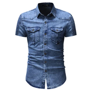 Camicie denim da uomo cotone lavato jeans casual maniche corte camicie blu US XXL - Foto 1 di 5