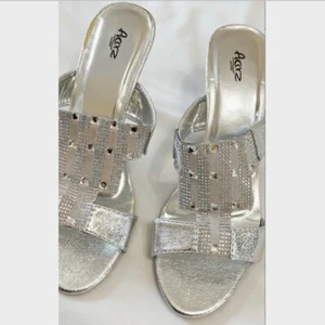 Silver Crystal Diamante Rhinestone Heels Shoes Open Toe UK 38 - Picture 1 of 4