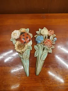Vintage Set of Floral/ Ladybug Ceramic Chalkware 9" each Wall Hanging Plaques - Picture 1 of 2