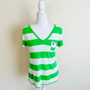 Abercrombie & Fitch Green & Pink Striped Short Sleeve V-Neck Blouse Top - Picture 1 of 7