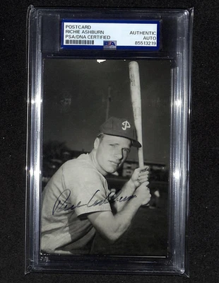 Richie Ashburn Signed Real Photo Postcard RPPC HOF Auto Phillies PSA Auto Slab - Image 1 of 2