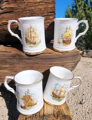 (4)Vintage Royal Windsor Fine Bone China England Tall Ship Nautical Mugs Tankard - Image 1 of 4