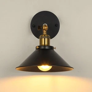 E27 Industrial Wall Light Fittings Tapered Shades Black & Antique Brass Lights - Picture 1 of 15