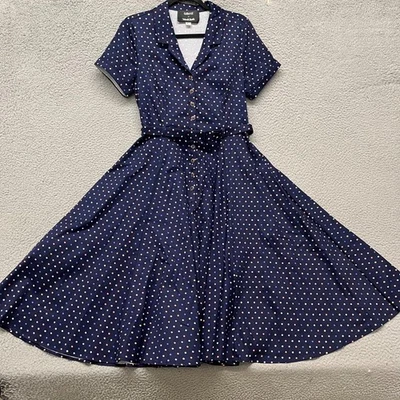 Modcloth x Collectif Dress Womens M Blue Polka Dot A Line Retro Belted Pockets - Image 1 of 4