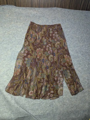Vintage David Meister Silk Brown Midi Skirt Size 2 Western Floral Festival - Image 1 of 4