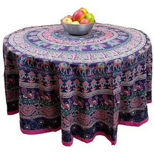 Handgefertigte Baumwolle Elefant Mandala Floral 81" Runde Tischdecke Lila Rosa Grün - Bild 1 von 3