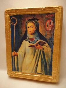 Heilige Mafalda von Portugal seltene religiöse römisch-katholische Ikone auf gealtertem Kiefernholz - Bild 1 von 12