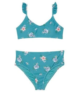 Girls Chan Floral Ruffle Strap Brale Swim Sets, Teal, 8 - Picture 1 of 2