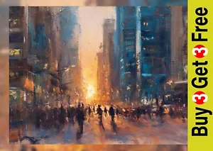 City Crowd Sunset Glow 5"x7" Print on Matte Paper | Urban Street Scene Art - Picture 1 of 17