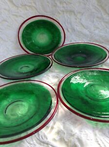CRATE & BARREL HAND MADE PLATES MEXICO, GREEN, RED RIM 6”