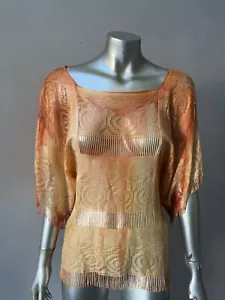 Häkel Fransen Ombré transparent Top Bluse Kimono Shirt orange Boho S - Bild 1 von 2