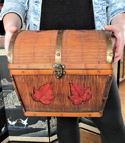 Vintage Bamboo Asian Themed Woven Basket Wicker Rattan Brass Handles Hinged Lid Cover
