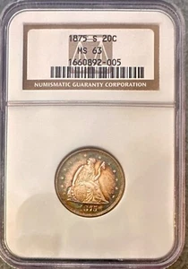  1875-S Liberty Seated Silver Twenty-Cent Piece NGC MS 63 Nice Sweet Toning - Picture 1 of 4